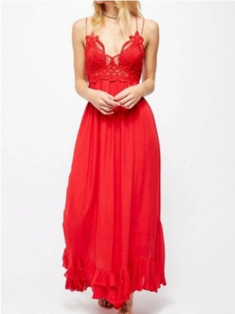 Free People Adella Maxi Dress Red Lace Crochet Boho Strappy Flowy SZ S Small